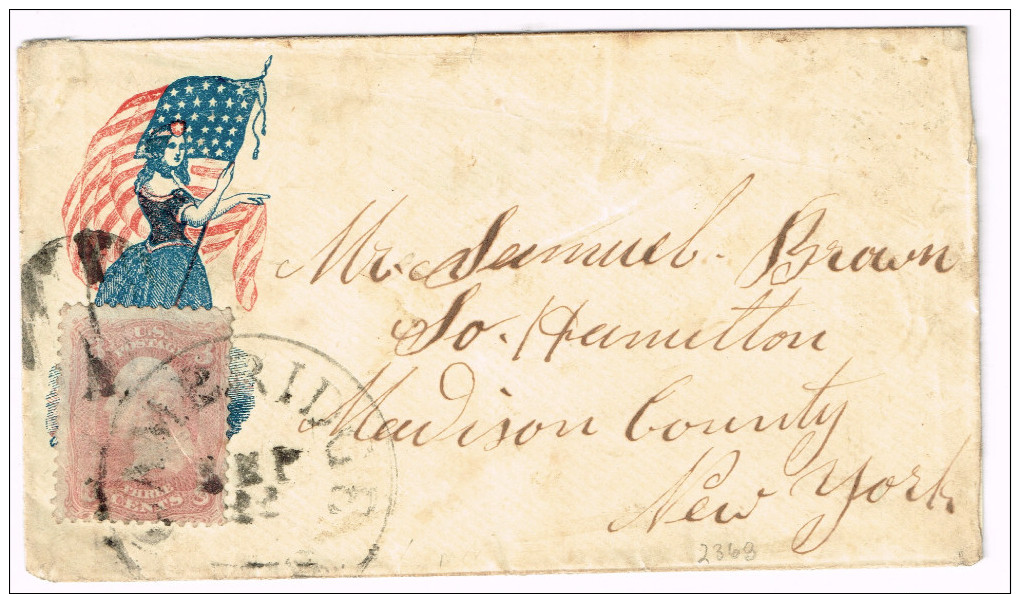 US  PATRIOTIC COVER  Scott #65 Large Cambridge Sep 12 C. 1862 Lady Liberty & Flag To Samuel Brown NY Fine - Postal History