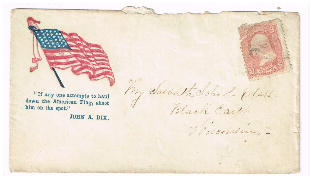 US  PATRIOTIC COVER  Scott #65 Fault C. 1861 "If Any Attemps To Haul Down The American Flag, Shoot Him On The Spot." F - Postal History