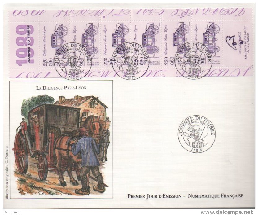 Enveloppe Premier 1er Jour FDC First Day Cover Grand Format Journée Du Timbre 1989 Diligence Paris Lyon - Non Classés