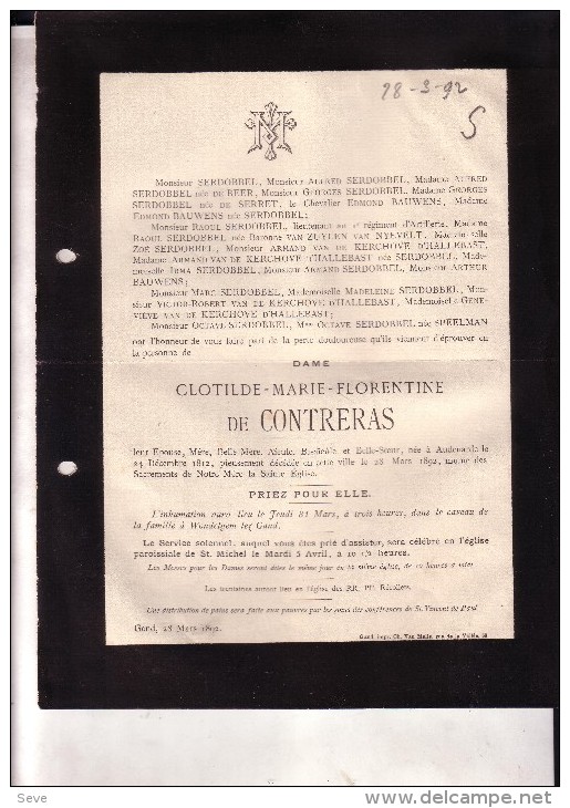 WONDELGEM OUDENAARDE Clotide De CONTRERAS 1812-1892 Doodsbrief Adel Famille SERDOBBEL - Décès