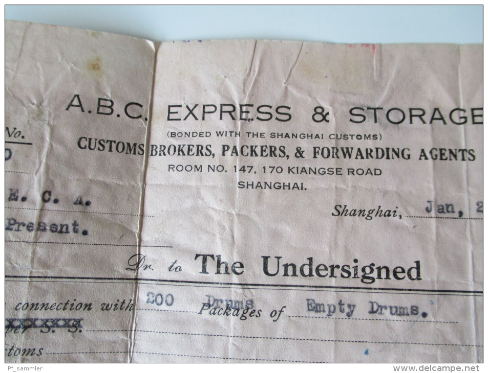 China 1949 Receipt. 9000 Gold Yuan. 200 empty drums. A.B.C. Express & Storage. Shanghai Mit Steuermarken / revenues