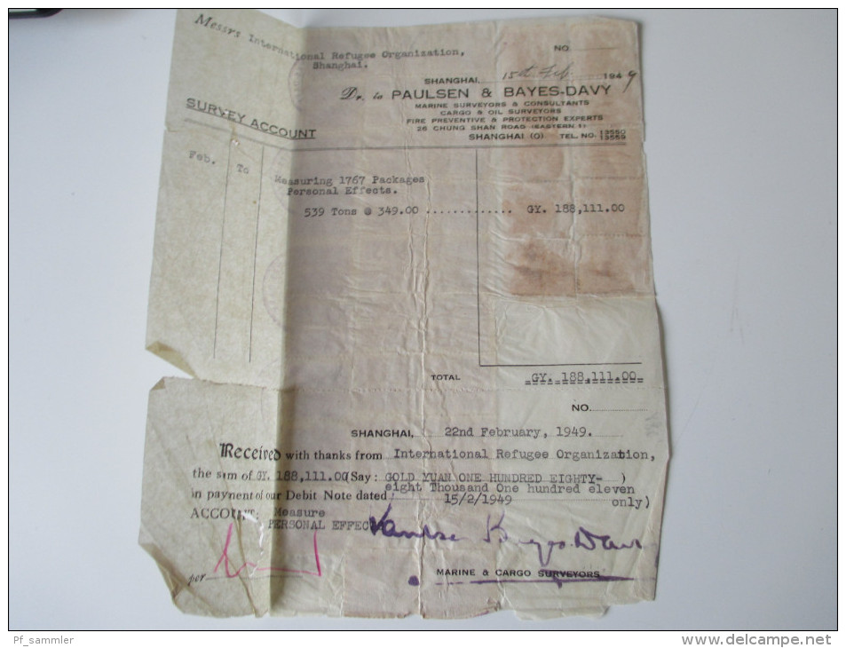 China 1949 Receipt. 188111 Gold Yuan. Dr. To Paulsen & Bayes-Davy. Shanghai.Steuermarken / Revenues. Int. Refugee Org. - Storia Postale