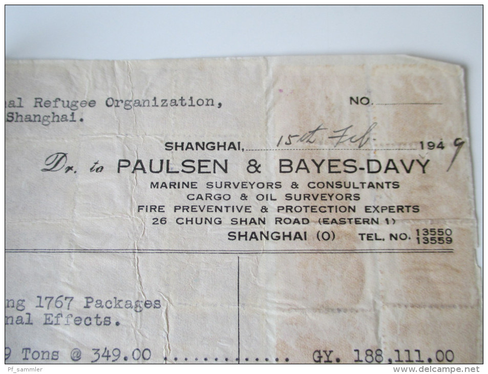 China 1949 Receipt. 188111 Gold Yuan. Dr. To Paulsen & Bayes-Davy. Shanghai.Steuermarken / Revenues. Int. Refugee Org. - Brieven En Documenten