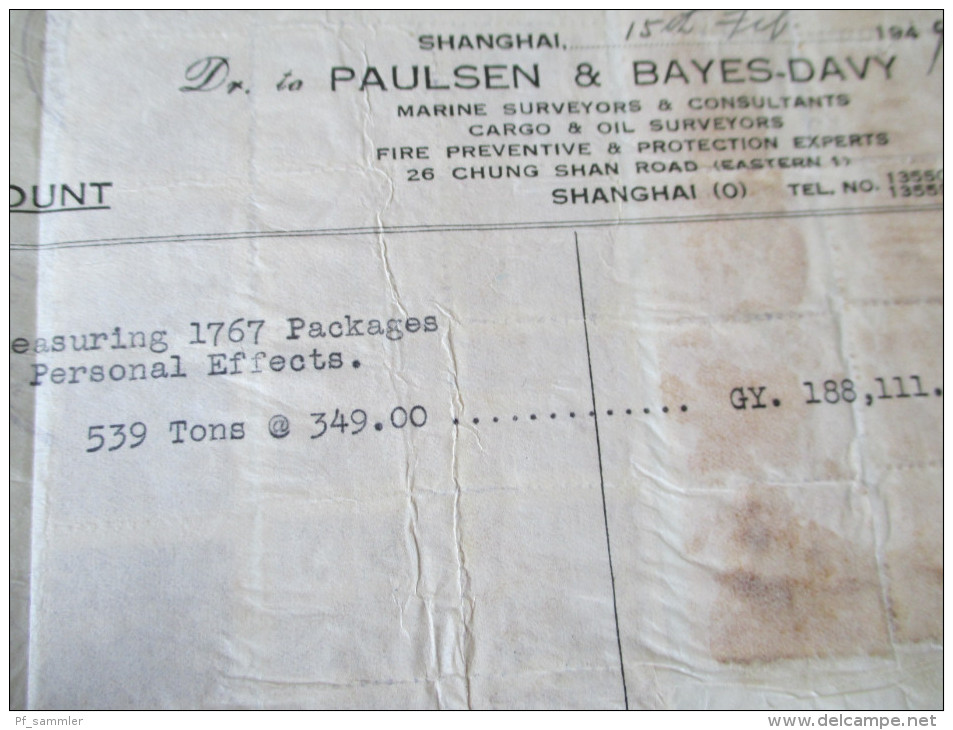 China 1949 Receipt. 188111 Gold Yuan. Dr. To Paulsen & Bayes-Davy. Shanghai.Steuermarken / Revenues. Int. Refugee Org. - Lettres & Documents