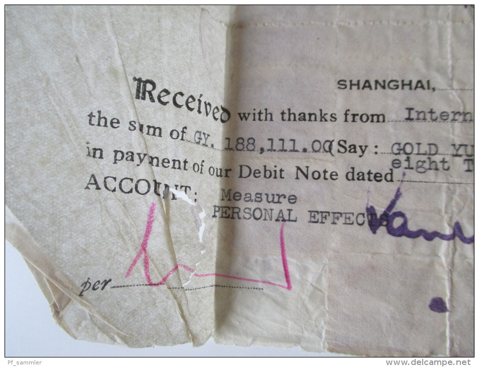 China 1949 Receipt. 188111 Gold Yuan. Dr. to Paulsen & Bayes-Davy. Shanghai.Steuermarken / revenues. Int. Refugee Org.