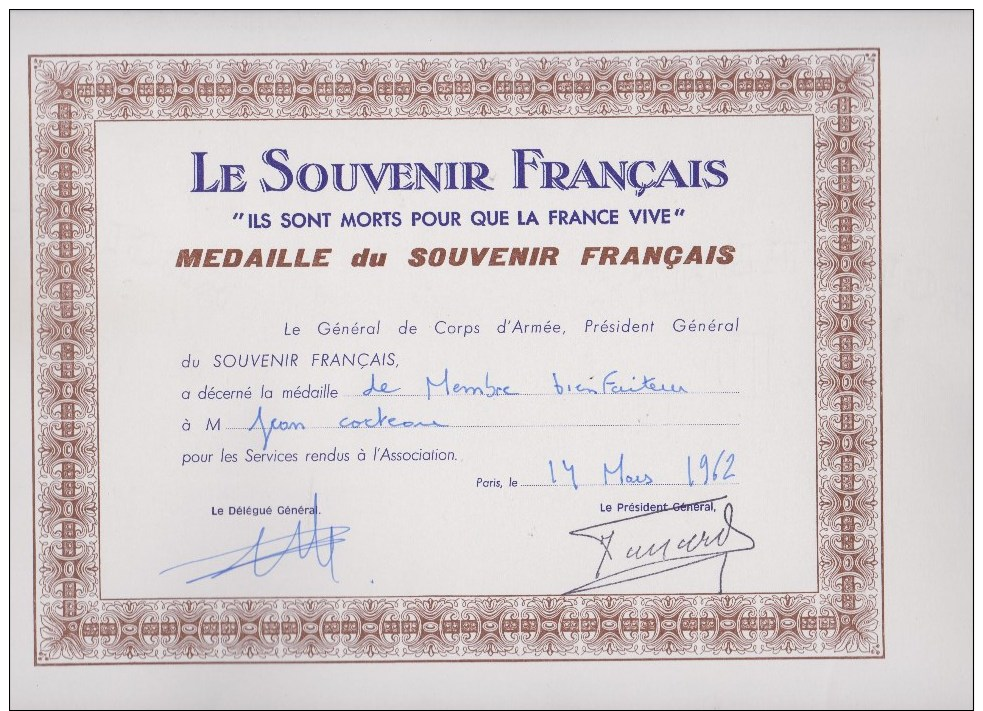 Jean Cocteau/medaille Membre Bienfaiteur/1962/le Souvenir Francais/rare !!! - Avant 1871