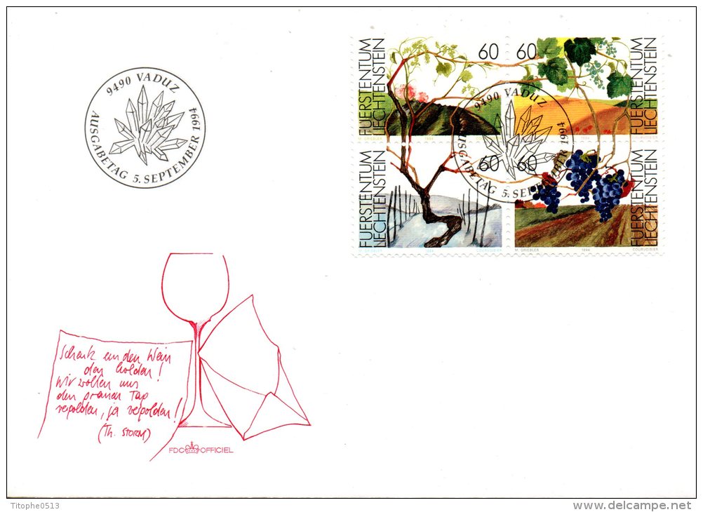 LIECHTENSTEIN. N°1030-3 De 1994 Sur Enveloppe 1er Jour. Vigne. - Wines & Alcohols