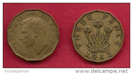 UK, 1943, Very Fine Used Coin, 3 Pence, George VI, Nickel-Brass,  KM 849, C2783 - F. 3 Pence