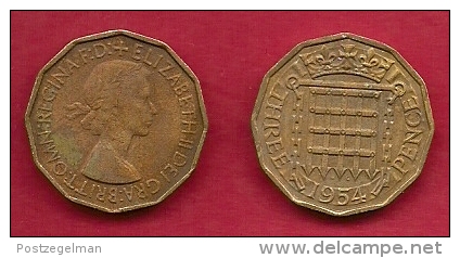 UK, 1954, Very Fine Used Coin, 3 Pence, QE II, Nickel-Brass,  KM 886 C2787 - F. 3 Pence