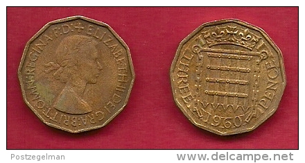 UK, 1960, Very Fine Used Coin, 3 Pence, QE II, Nickel-Brass,  KM 886 C2792 - F. 3 Pence