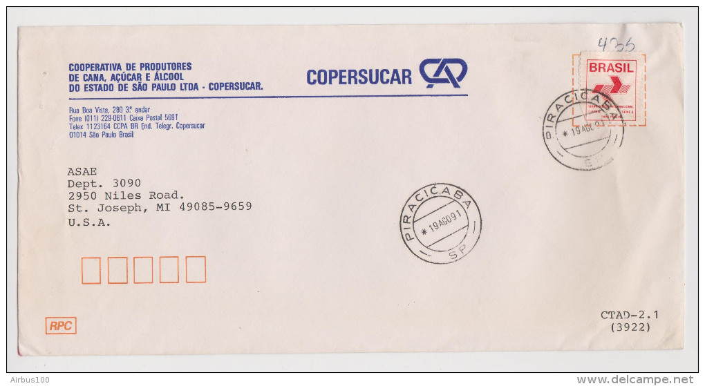 BRÉSIL BRASIL LETTRE COPERSUCAR PIRACICABA 19 AOÛT 1991 POUR SAINT JOSEPH USA - 2 Scans - - Covers & Documents