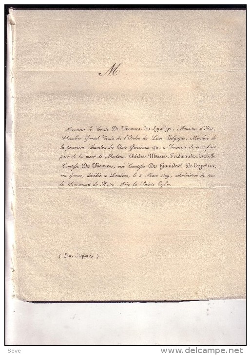 LOMBISE LOMBIZE Thérèse De THIENNES Née Comtesse De HINNISDAEL De CRYUHEM Morte En 1829 Doodsbrief - Todesanzeige