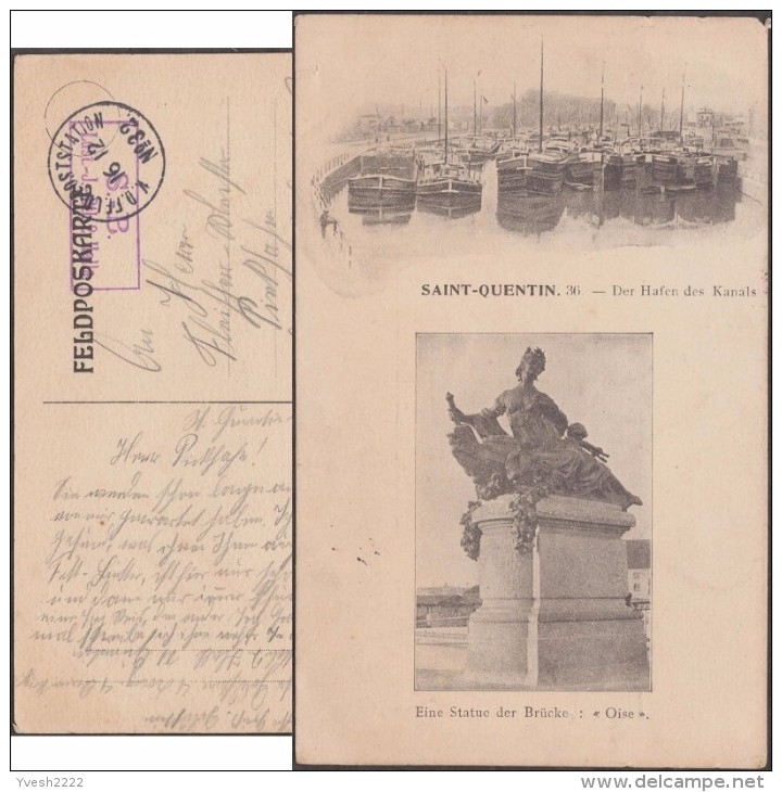 Allemagne 1914. Carte En Franchise Militaire. Saint-Quentin. Port, Bateaux, Statue De Pont (Theunissen), Erreur De Photo - Fehldrucke