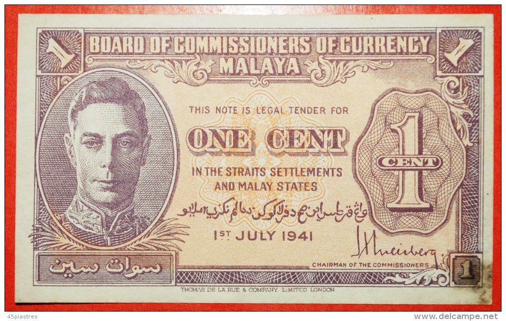 * WAR ISSUE (1939-1945): MALAYA ★ 1 CENT 1941 (1945)! CRISP! GEORGE VI (1937-1952) LOW START &#9733; NO RESERVE - Maleisië