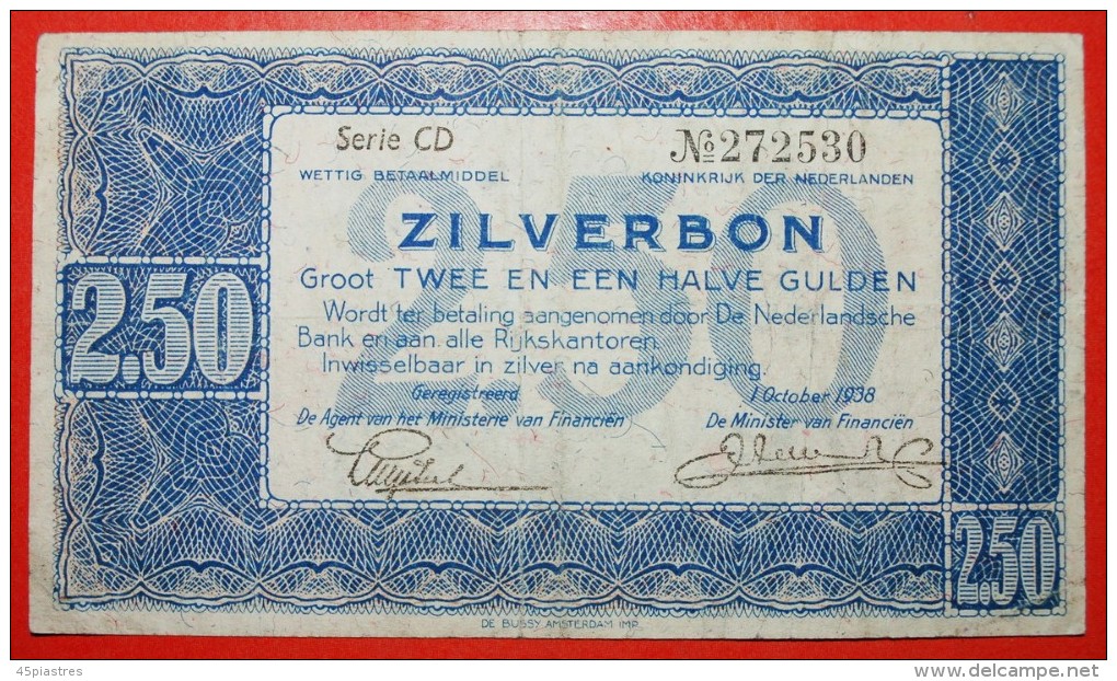 &#9733;SILVER NOTE: NETHERLANDS&#9733; 2 1/2 GULDEN 1938!  LOW START&#9733;NO RESERVE! - 2 1/2 Gulden