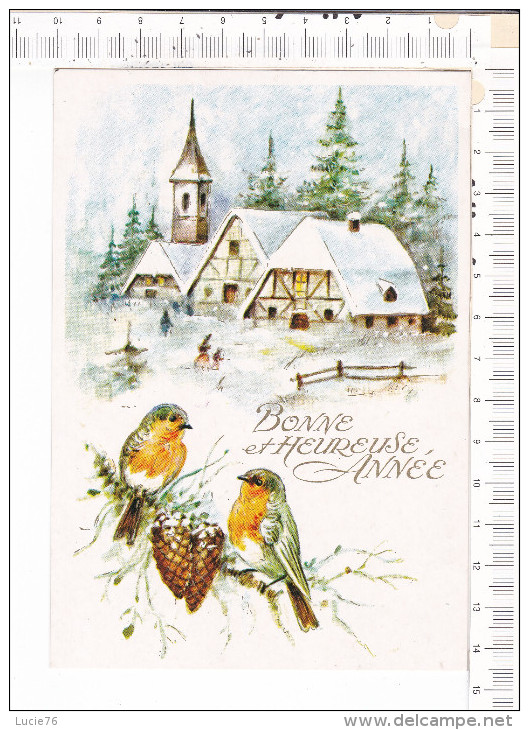 CARTE  De   BONNE  Et   HEUREUSE  ANNNEE   -  Paysage  Enneigé   -  Oiseaux Sur Une Branche  De  Pins - Nouvel An