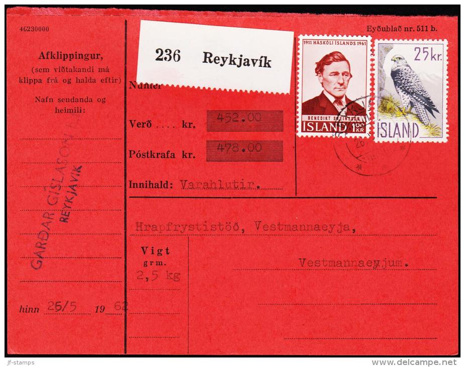 1960. Islandic Falcon. 25 Kr. + 1 KR. REYKJAVIK 26.V.1962. PARCELCARD.  (Michel: 339) - JF175474 - Other & Unclassified