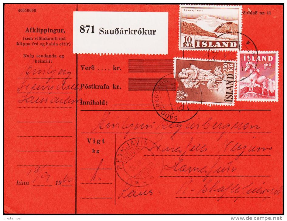 SAUDARKROKUR 13.9.1960. 1957. Landscapes. 10 Kr. + 2,50 KR. + 1 KR. PARCELCARD.  (Michel: 318) - JF175490 - Other & Unclassified