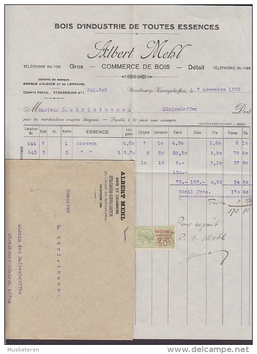 France ALBERT MEHL Bois Et Charbons STRASSBOURG-KOENIGSHOFEN Facture & Enveloppe 1922 Quittances Timbre - 1900 – 1949