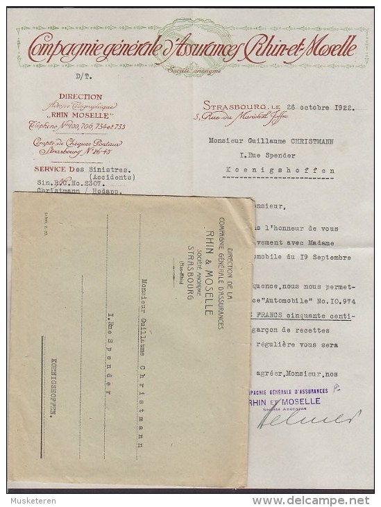 France COMPAGNIE GÉNÉRALE D'ASSURANCES, Rhin & Moselle STRASSBOURG Facture & Enveloppe 1921 - 1900 – 1949