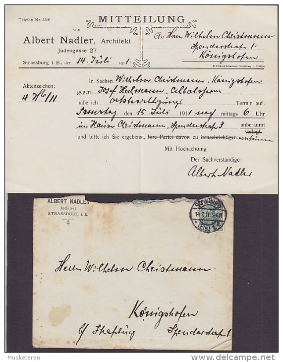 France ALBERT NADLER, Achitekt STRASSBOURG In Elsass 1911 Mitteilung & Brief Cover - 1900 – 1949