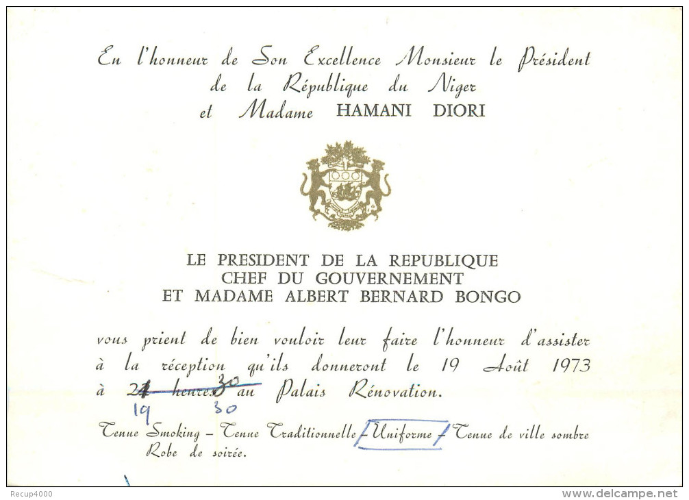 CARTE D ' INVITATION  Bernard BONGO En L'honneur P.r. Du Niger HAMANI DIORI  1973 - Cartes De Visite