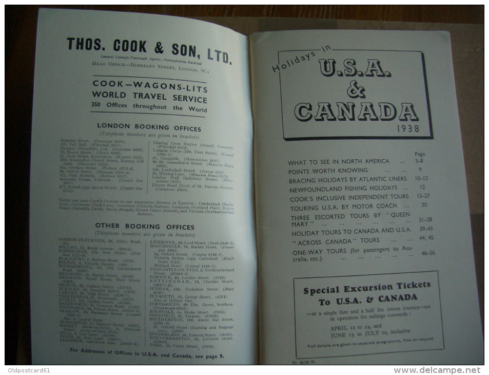 Alte Broschüre / Heft  COOK´s TOURS To USA & CANADA /  1938 - Altri & Non Classificati