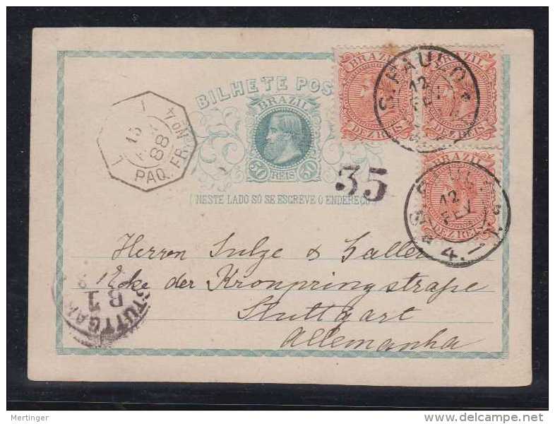 Brazil Brasil 1888 Uprated Stationery Card SAO PAULO To STUTTGART Germany Via French Paquebot - Covers & Documents