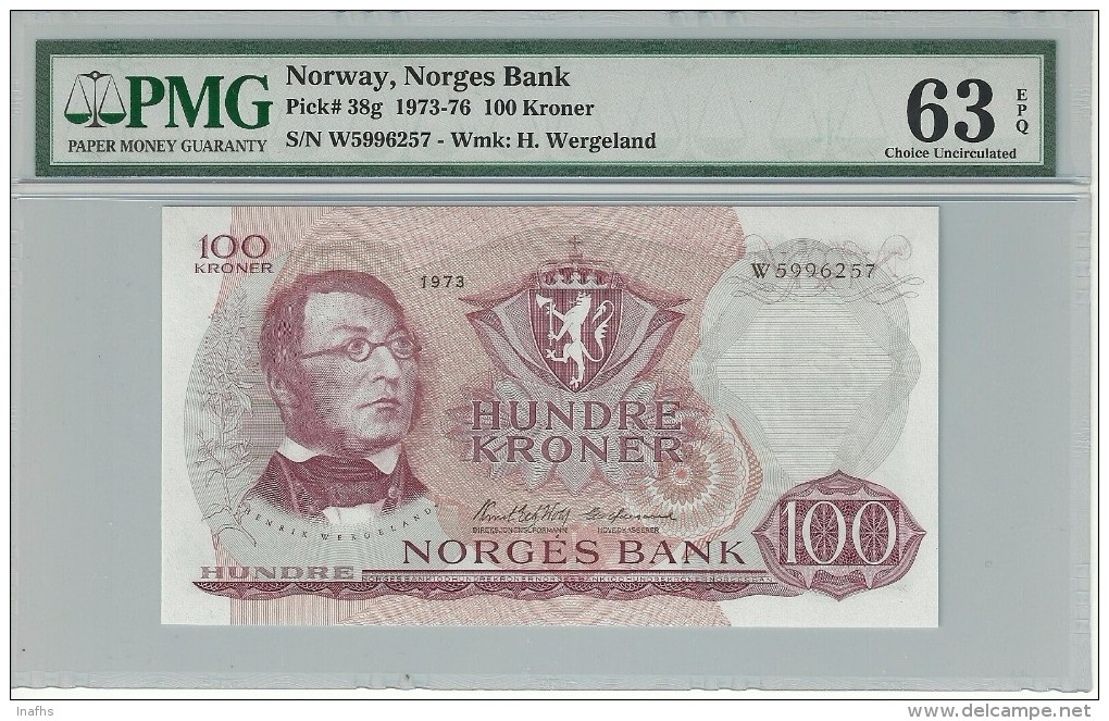 Norway 100 Kroner 1973 P38g Graded 63 EPQ By PMG (Choice Uncirculated). - Norvège