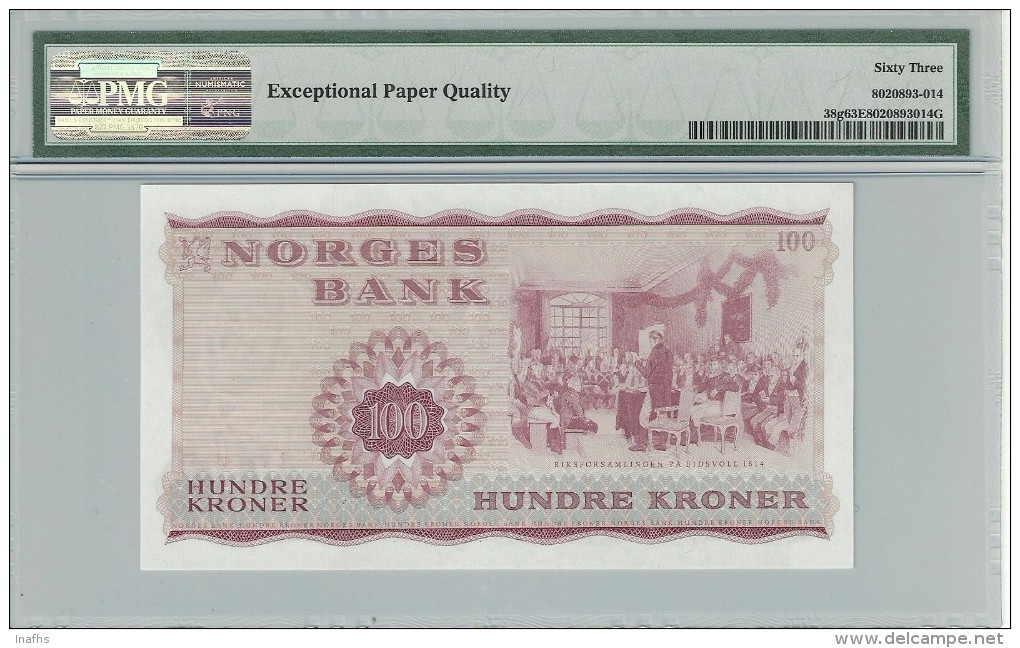 Norway 100 Kroner 1973 P38g Graded 63 EPQ By PMG (Choice Uncirculated). - Norvège