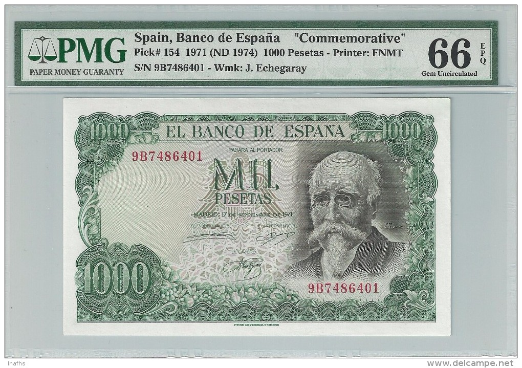 Spain 1000 Pesetas 1971 P154 Special Serie 9B Graded 66 EPQ By PMG (Gem Uncirculated) - 1000 Pesetas