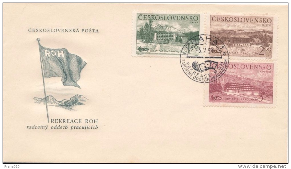 Czechoslovakia / First Day Cover (1951/08) Praha 1 (a): Summer Recreation Workers (ROH = Revolut. Trade Union Movement) - Hotel- & Gaststättengewerbe