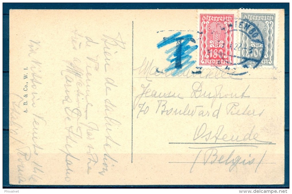1922 AUSTRIA , TARJETA POSTAL CIRCULADA ENTRE VIENA Y OOSTENDE , MAT. DE VIENA , "T" DE TASAS - Cartas & Documentos