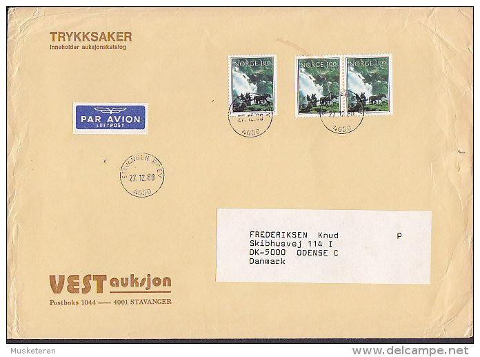 Norway PAR AVION Label VEST Auksjon STAVANGER BREV 1980 Cover Brief ODENSE C. Denmark - Briefe U. Dokumente