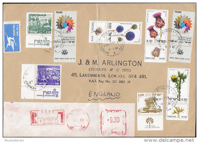 Israel PAR AVION Label Uprated JERUSALM 1980 Meer Cover Lettera LONDON England Thistles & Landscapes W. Tabs - Airmail