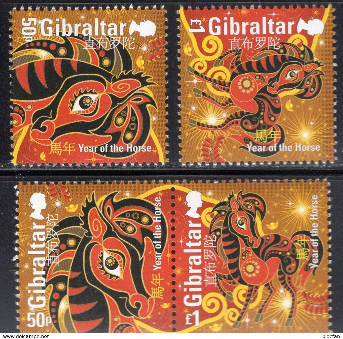 China Neujahr 2014 Gibraltar 1582/3+ZD-Paar ** 11€ Jahr Des Pferdes Set Cina New Year Of The Horse Se-tenant Bf UK - Gibilterra