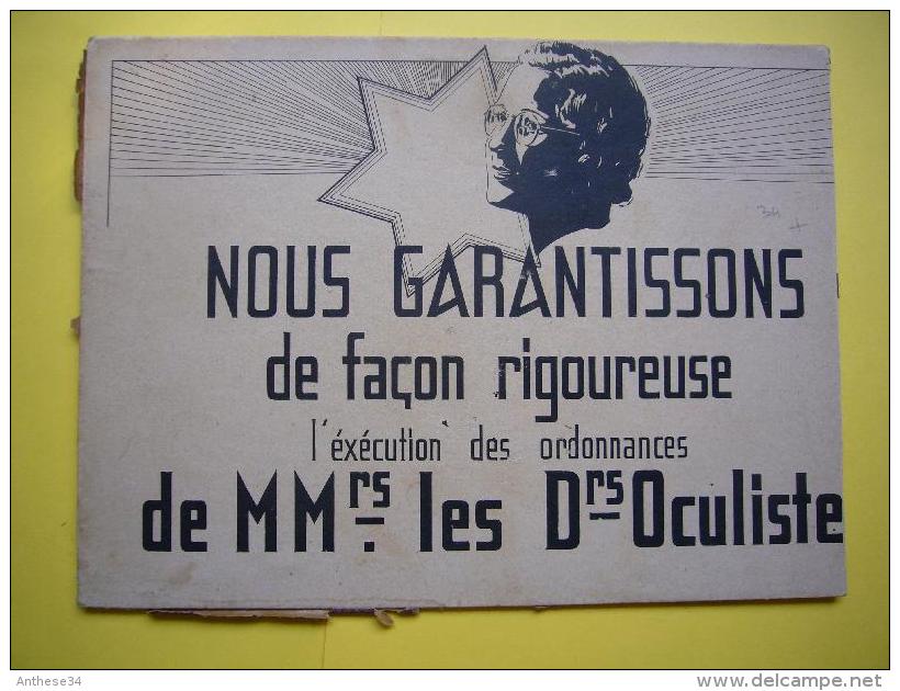 Affichette Pub Cartonnée Nous Garantissons L'excécution Des Ordonnances Des Docteurs Occulistes - Reclame