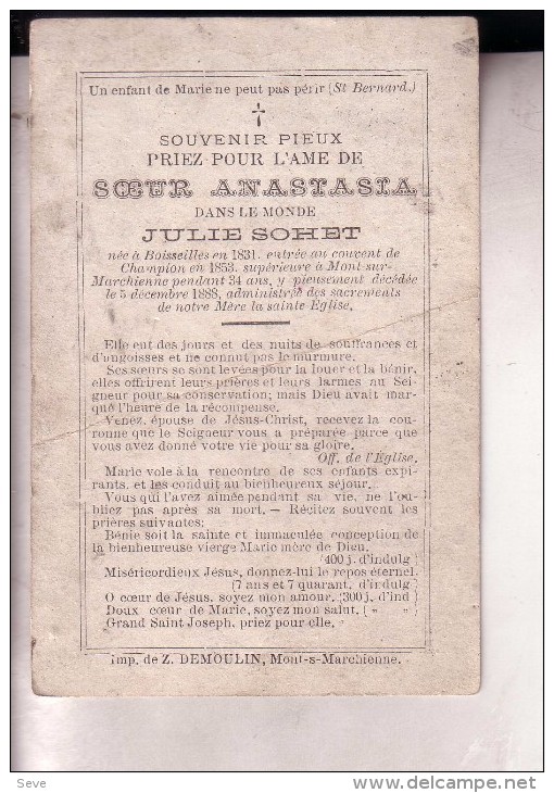 BOISSEILLES MONT-sur-MARCHIENNE Soeur Anastasia Née Julie SOHET 1831-1888 Soeur Champion Institutrice Zuster - Décès