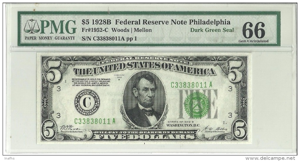 USA $5 Series 1928B Philadelphia.  Fr 1952-C. Graded 66 EPQ By PMG (Gem Uncirculated) - Federal Reserve Notes (1928-...)