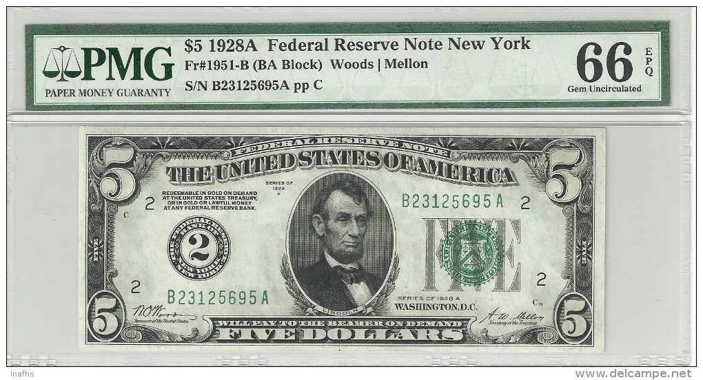 USA $5 Series 1928A New York Fr 1951-B. Graded 66 EPQ By PMG (Gem Uncirculated) - Bilglietti Della Riserva Federale (1928-...)