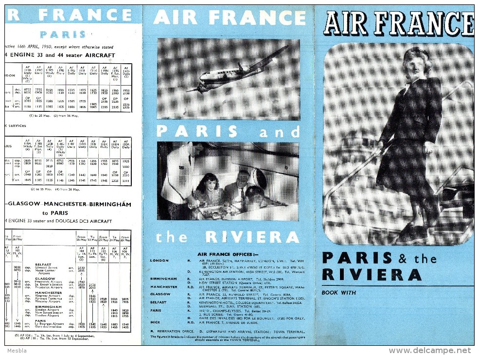 AIR  FRANCE -  PARIS And  The RIVIERA -   Dépliant / Horaire En Anglais - 1950 - Horaires