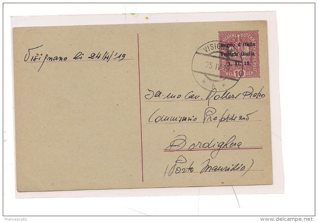 1212) 1919 INTERO POSTALE AUSTRIA SOVRASTAMPATO VENEZIA GIULIA 3-11-1918 VISIGNANO ISTRIA - Trento & Trieste