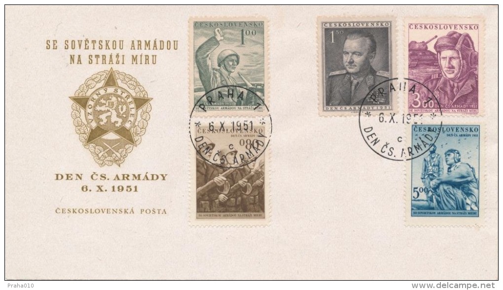 Czechoslovakia / First Day Cover (1951/18) Praha 1 (c): Day Of Czechosl. Army (soldiers; Tank; Klement Gottwald) - Sonstige & Ohne Zuordnung