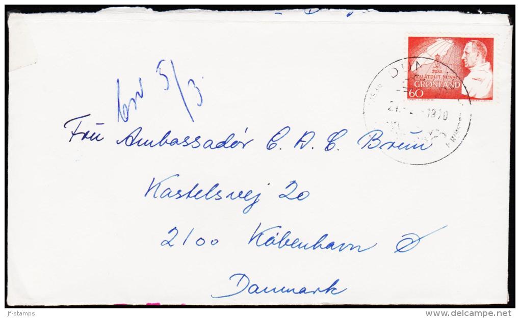 1969. Frederik IX 70 Years Ann. 60 Øre Red DUNDAS BESØG KNUD RASMUSSENS HUS 24. 2.1970.  (Michel: 72) - JF175610 - Used Stamps