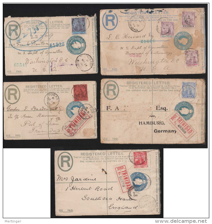 Trinidad 1896 - 1908 5 Registered Stationery Envelopes Uprated Used - Trinidad Y Tobago