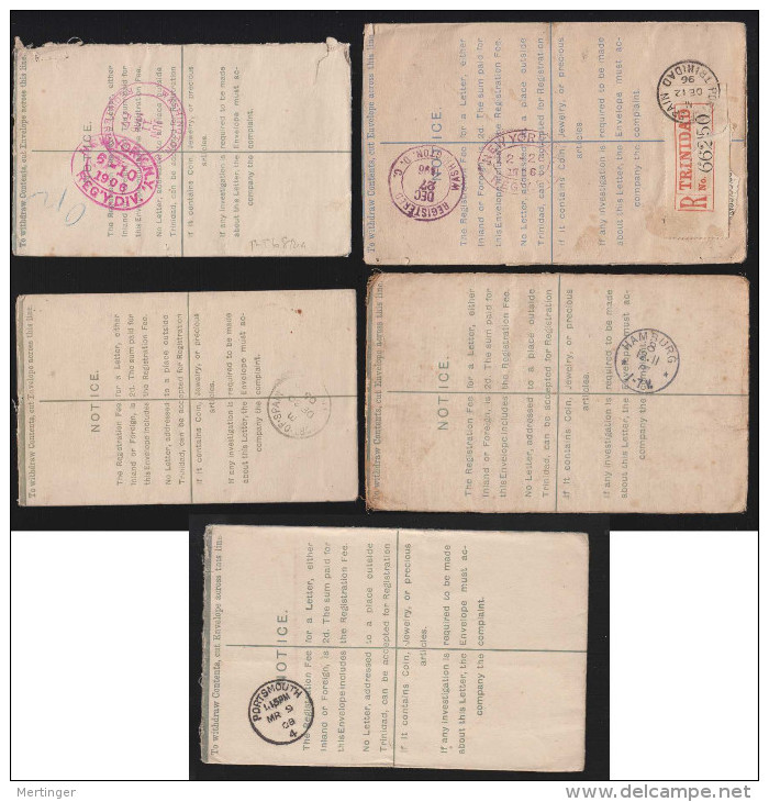 Trinidad 1896 - 1908 5 Registered Stationery Envelopes Uprated Used - Trinidad & Tobago (...-1961)