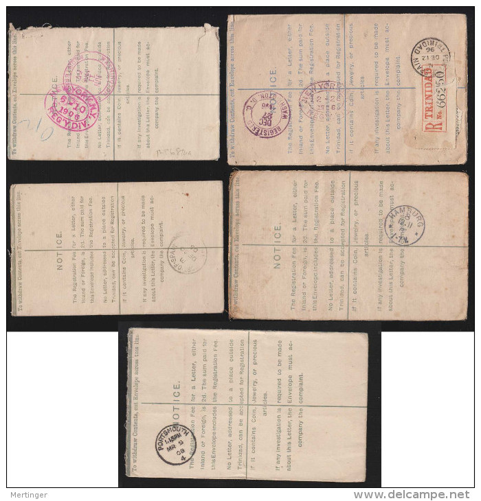 Trinidad 1896 - 1908 5 Registered Stationery Envelopes Uprated Used - Trinité & Tobago (...-1961)