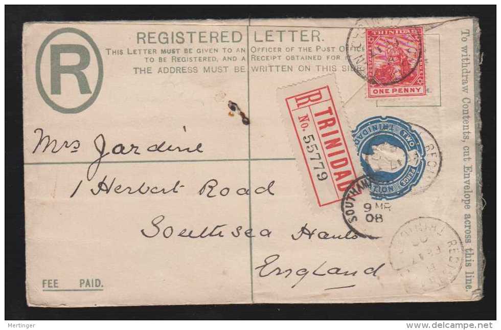 Trinidad 1896 - 1908 5 Registered Stationery Envelopes Uprated Used - Trinidad & Tobago (...-1961)