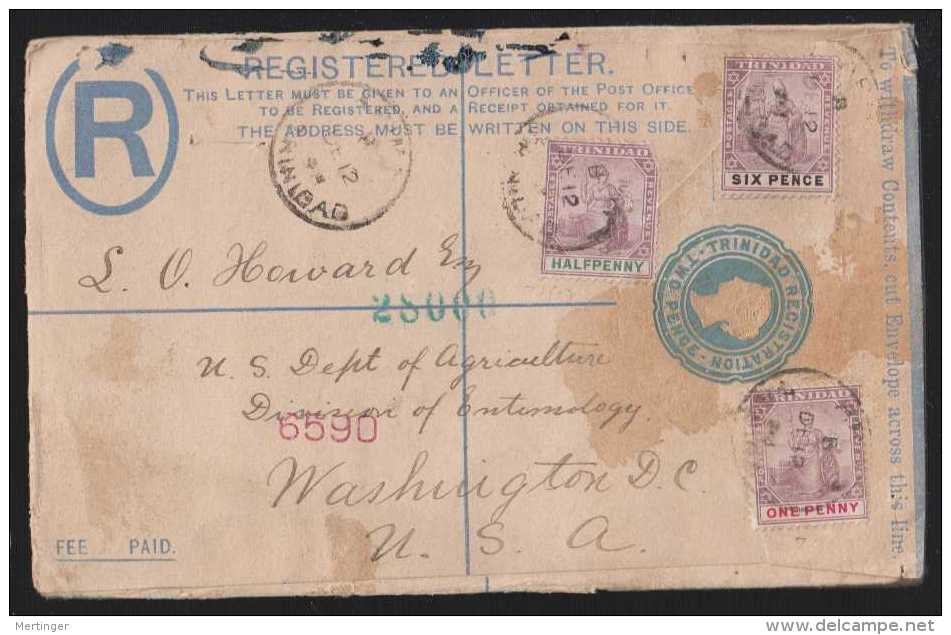 Trinidad 1896 - 1908 5 Registered Stationery Envelopes Uprated Used - Trinité & Tobago (...-1961)