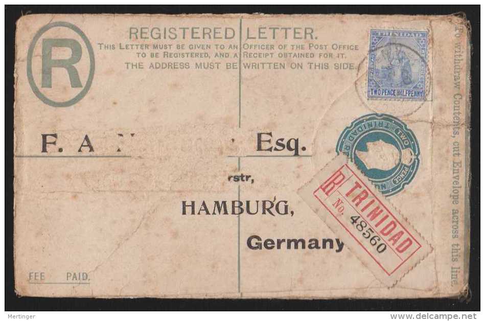 Trinidad 1896 - 1908 5 registered stationery envelopes uprated used